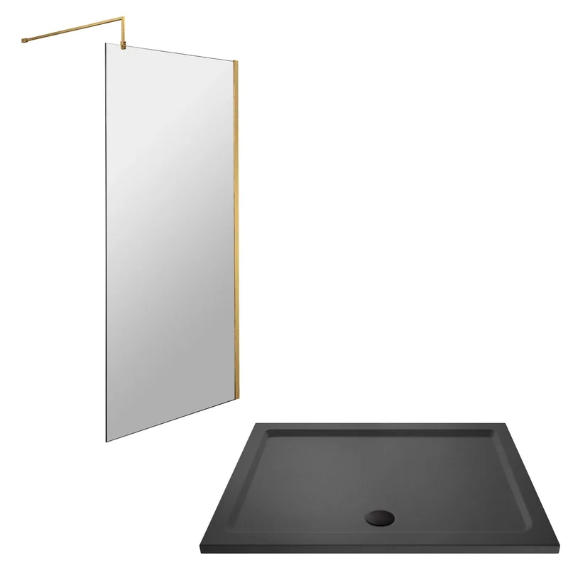 Vista 8mm Brushed Brass 1950mm Walk-In Shower Screen with Slate Effect Stone Resin Tray & Waste Bundle