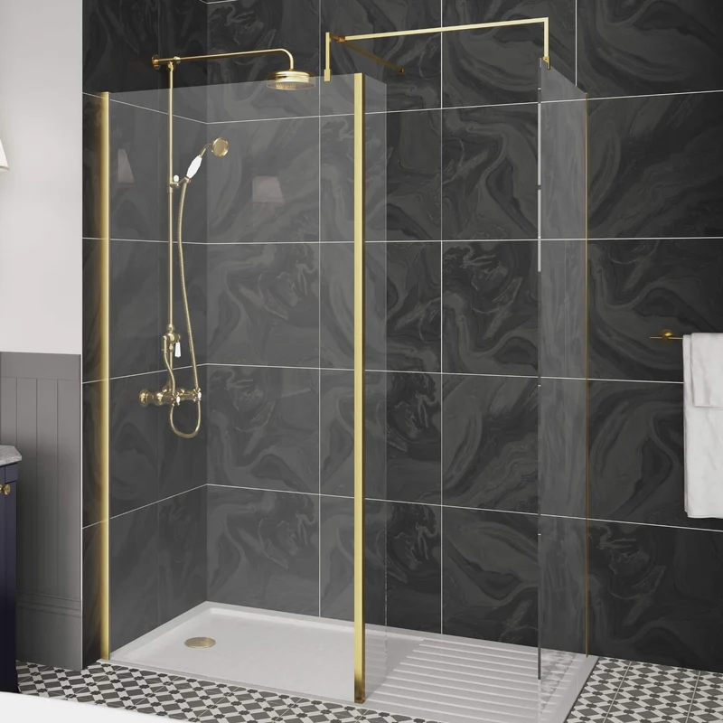 Vista 8mm Brushed Brass 1950mm Walk-In Shower Screen with Slate Effect Stone Resin Tray & Waste Bundle