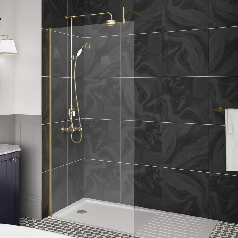 Vista 8mm Brushed Brass 1950mm Walk-In Shower Screen with Slip-Resistant Matt White Stone Resin Tray & Waste Bundle