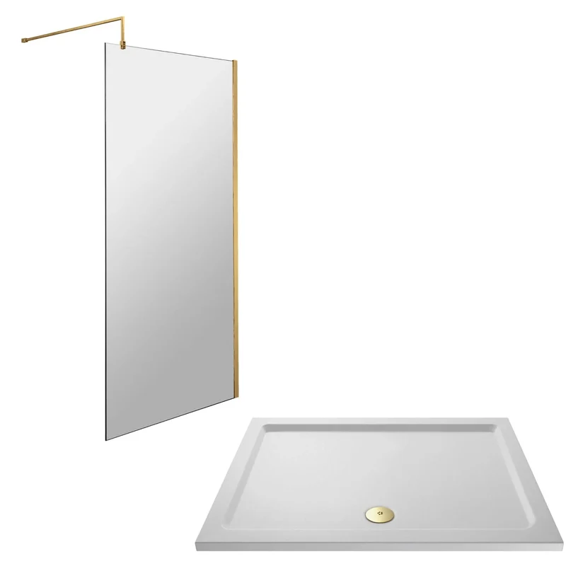 Vista 8mm Brushed Brass 1950mm Walk-In Shower Screen with White Stone Resin Tray & Waste Bundle