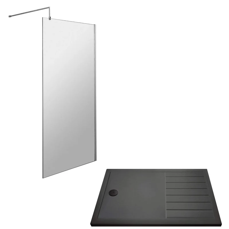 Vista 8mm Chrome 1950mm Walk-In Shower Screen with Slate Effect Walk In Tray & Waste Bundle