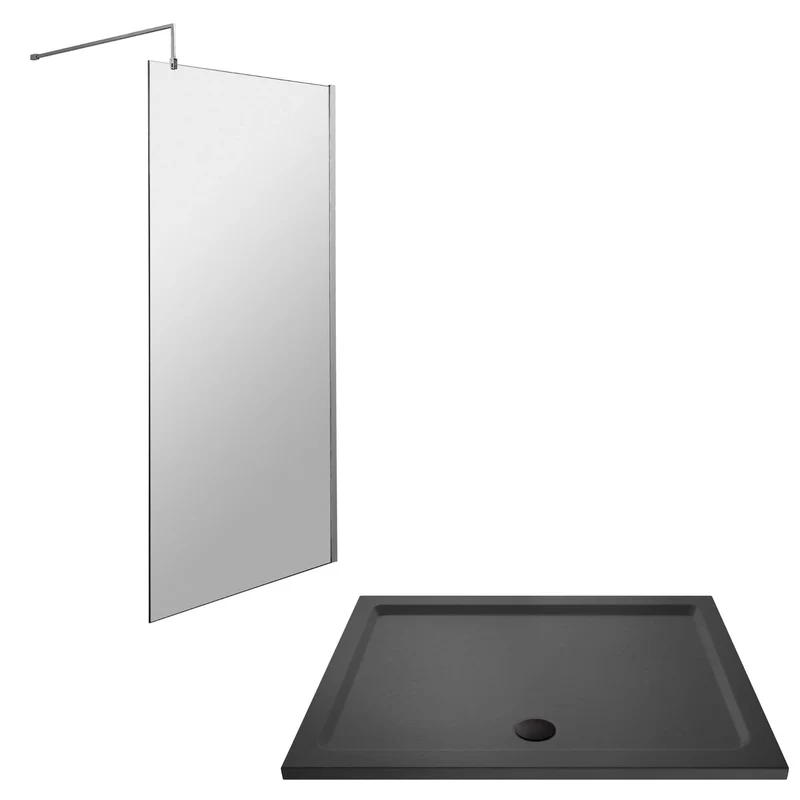 Vista 8mm Chrome 1950mm Walk-In Shower Screen with Slate Effect Stone Resin Tray & Waste Bundle