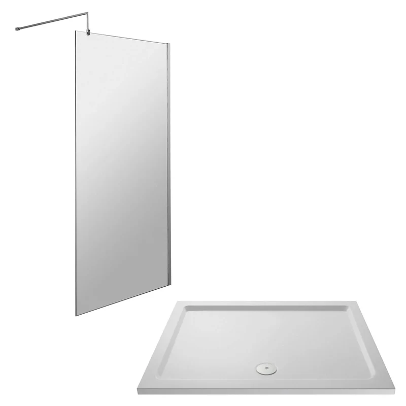 Vista 8mm Chrome 1850mm Walk-In Shower Screen with Slip-Resistant Matt White Stone Resin Tray & Waste Bundle