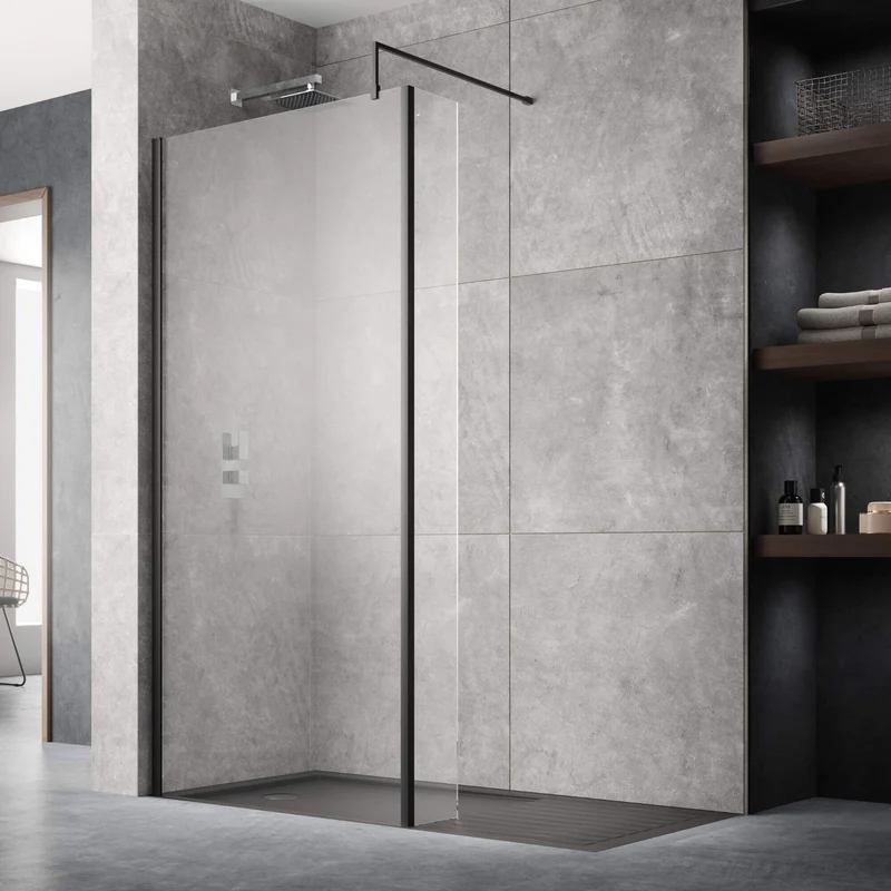 Vista 8mm Matt Black 1850mm Walk-In Shower Screen with Slip-Resistant Walk In Tray & Waste Bundle