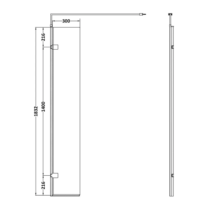 300mm Hinged Return For 8mm, 1850mm Wetroom Screen - Brushed Brass