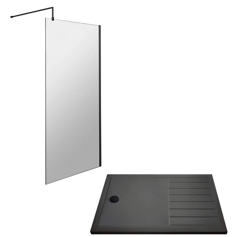 Vista 8mm Matt Black 1850mm Walk-In Shower Screen with Slate Effect Walk In Tray & Waste Bundle