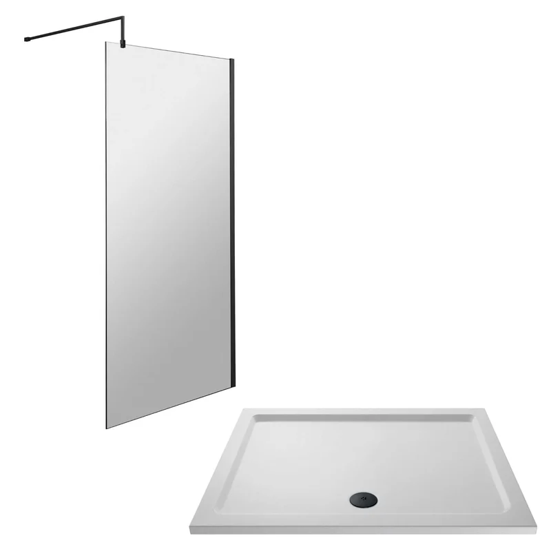 Vista 8mm Matt Black 1850mm Walk-In Shower Screen with Slip-Resistant Matt White Stone Resin Tray & Waste Bundle