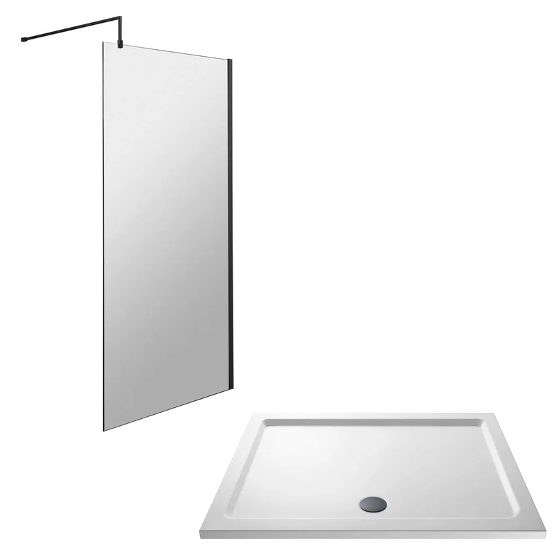 Vista 8mm Matt Black 1850mm Walk-In Shower Screen with White Stone Resin Tray & Waste Bundle