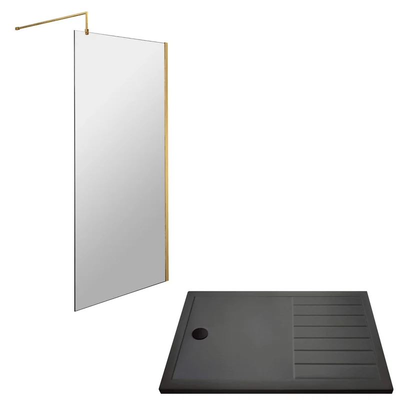 Vista 8mm Brushed Brass 1850mm Walk-In Shower Screen with Slate Effect Walk In Tray & Waste Bundle