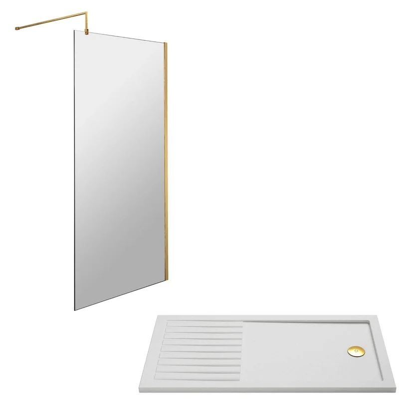 Vista 8mm Brushed Brass 1850mm Walk-In Shower Screen with Slip-Resistant Walk In Tray & Waste Bundle
