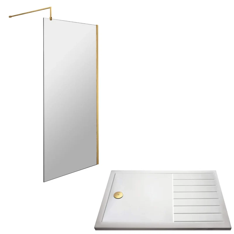 Vista 8mm Brushed Brass 1850mm Walk-In Shower Screen with White Walk In Tray & Waste Bundle