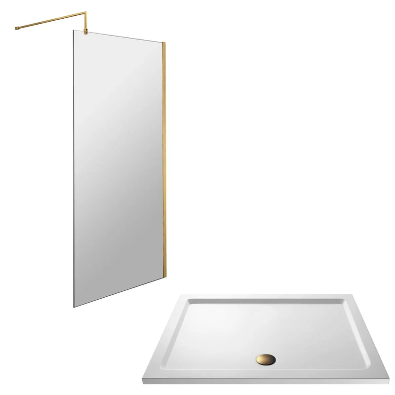 Vista 8mm Brushed Brass 1850mm Walk-In Shower Screen with White Stone Resin Tray & Waste Bundle