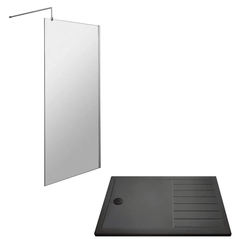 Vista 8mm Chrome 1850mm Walk-In Shower Screen with Slate Effect Walk In Tray & Waste Bundle