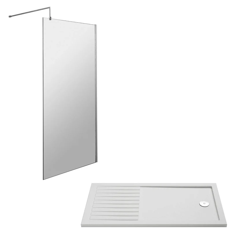 Vista 8mm Chrome 1850mm Walk-In Shower Screen with Slip-Resistant Walk In Tray & Waste Bundle
