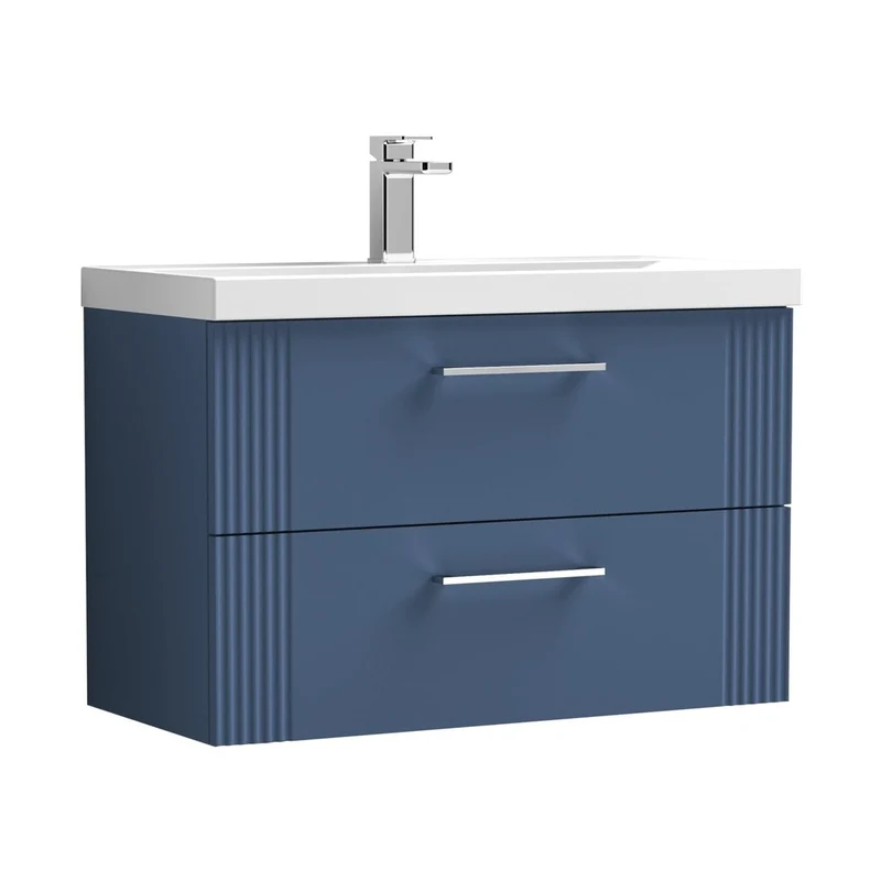 Nuie Deco 800mm Wall Hung 2 Drawer Vanity & Basin 1 Contemporary Satin Blue MFC Painted Gloss 540x810x390mm