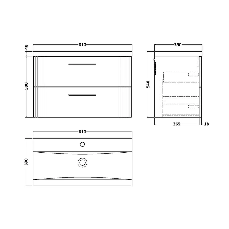 Nuie Deco 800mm Wall Hung 2 Drawer Vanity & Basin 1 Contemporary Satin Blue MFC Painted Gloss 540x810x390mm