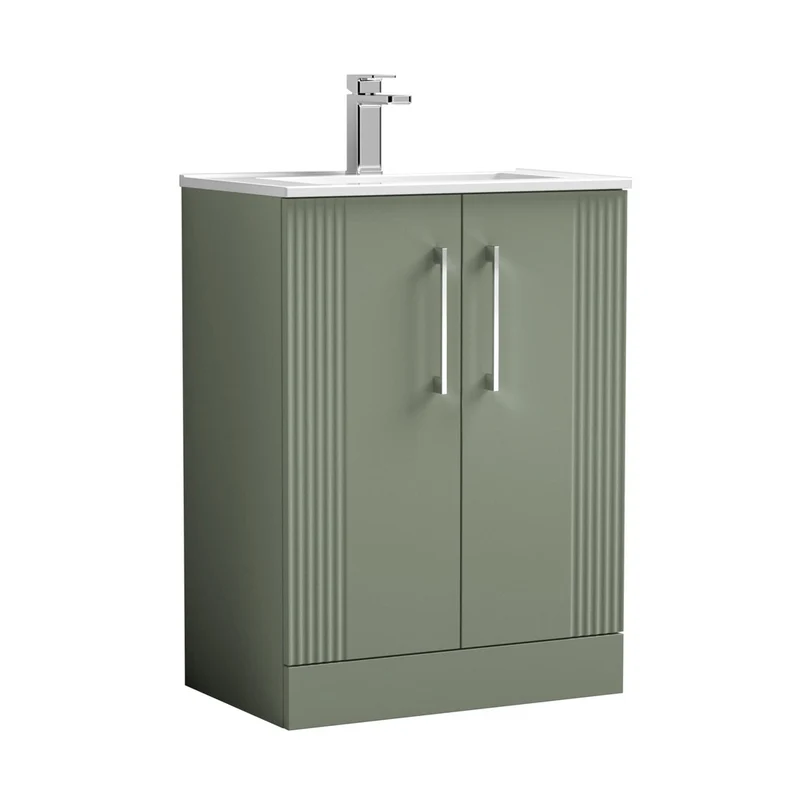Nuie Deco 600mm Floor Standing 2 Door Vanity & Basin 2 Contemporary Satin Green MFC Painted Gloss 828x605x395mm