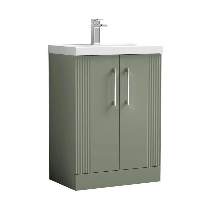Nuie Deco 600mm Floor Standing 2 Door Vanity & Basin 1 Contemporary Satin Green MFC Painted Gloss 850x610x390mm