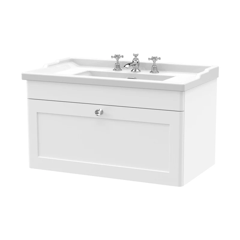 Nuie Classique 800mm Wall Hung 1 Drawer Vanity & Basin 3th Traditional Satin White MFC Painted Matt 489x820x480mm