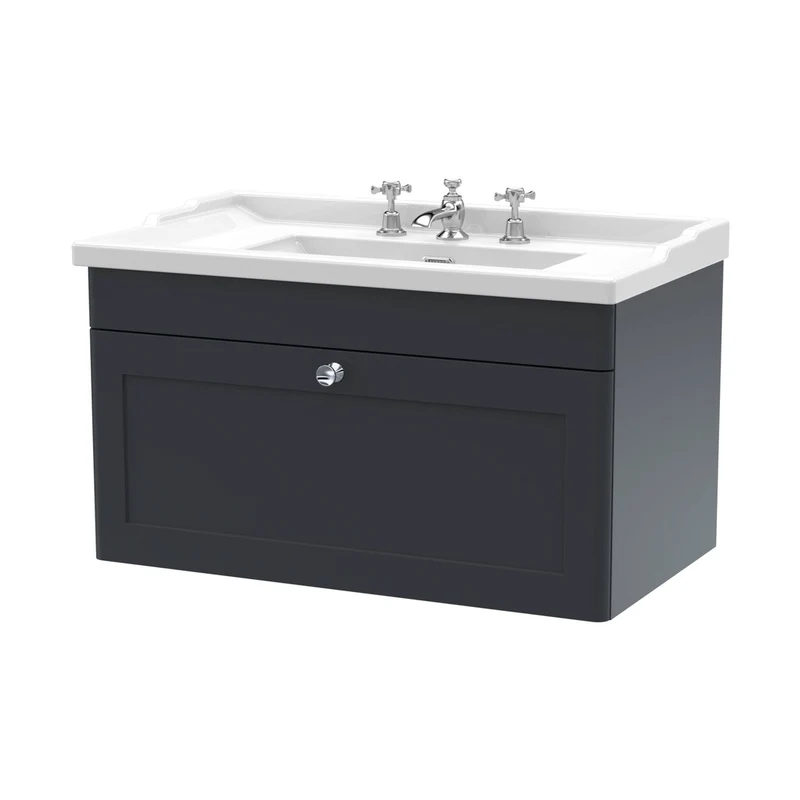 Nuie Classique 800mm Wall Hung 1 Drawer Vanity & Basin 3th Traditional Soft Black MFC Painted Matt 489x820x480mm