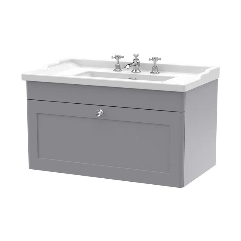 Nuie Classique 800mm Wall Hung 1 Drawer Vanity & Basin 3th Traditional Satin Grey MFC Painted Matt 489x820x480mm