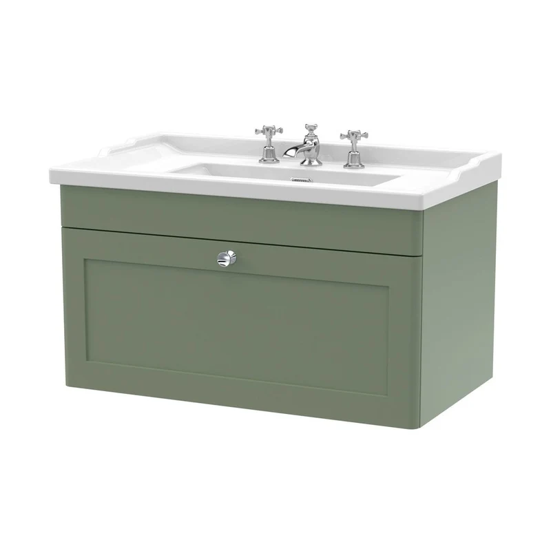 Nuie Classique 800mm Wall Hung 1 Drawer Vanity & Basin 3th Traditional Satin Green MFC Painted Matt 489x820x480mm