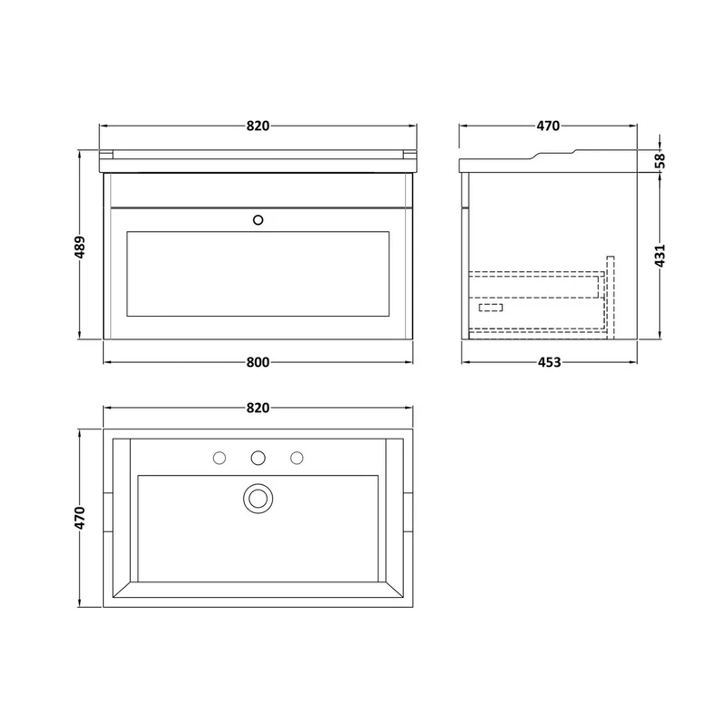 Nuie Classique 800mm Wall Hung 1 Drawer Vanity & Basin 3th Traditional Satin Green MFC Painted Matt 489x820x480mm
