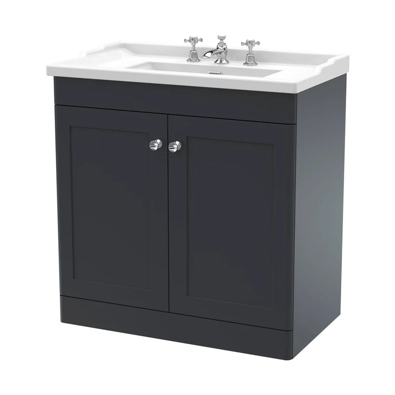Nuie Classique 800mm Floor Standing 2 Door Vanity & Basin 3th Traditional Soft Black MFC Painted Matt 858x820x480mm