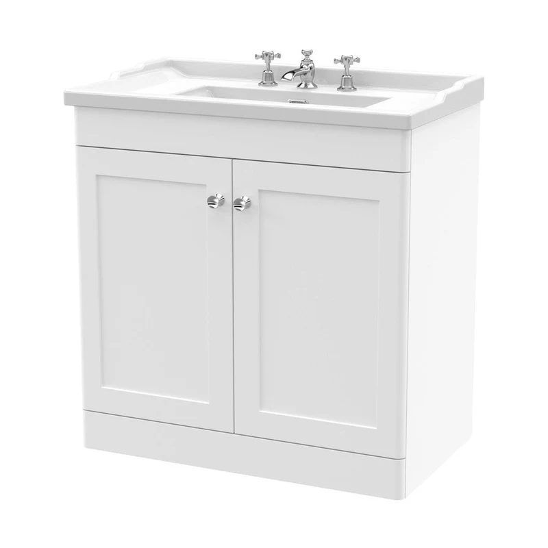 Nuie Classique 800mm Floor Standing 2 Door Vanity & Basin 3th Traditional Satin White MFC Painted Matt 858x820x480mm