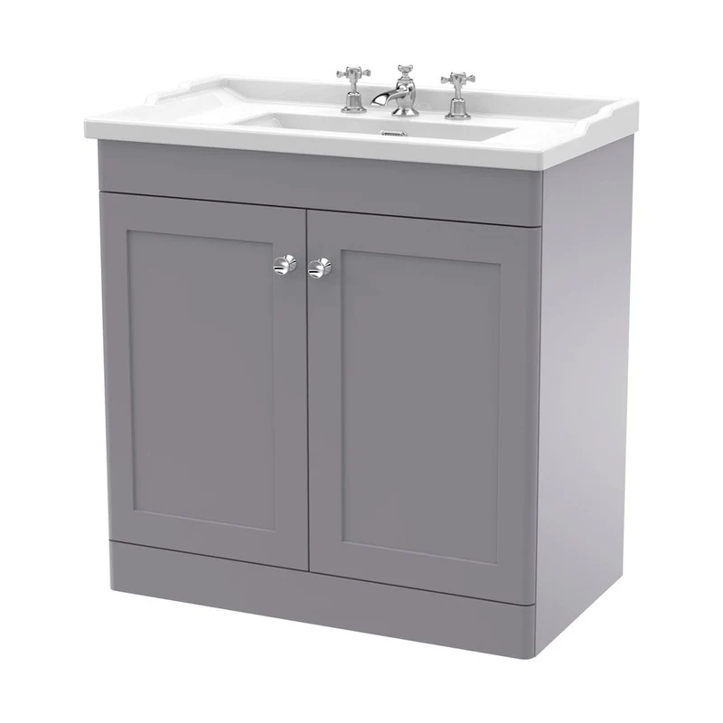 Nuie Classique 800mm Floor Standing 2 Door Vanity & Basin 3th Traditional Satin Grey MFC Painted Matt 858x820x480mm