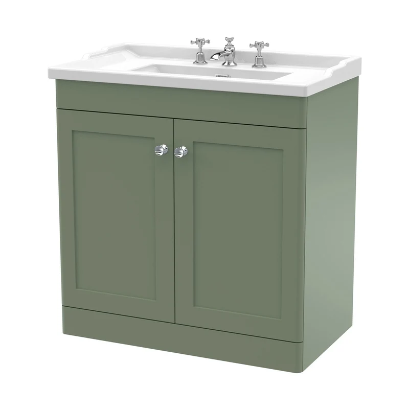 Nuie Classique 800mm Floor Standing 2 Door Vanity & Basin 3th Traditional Satin Green MFC Painted Matt 858x820x480mm
