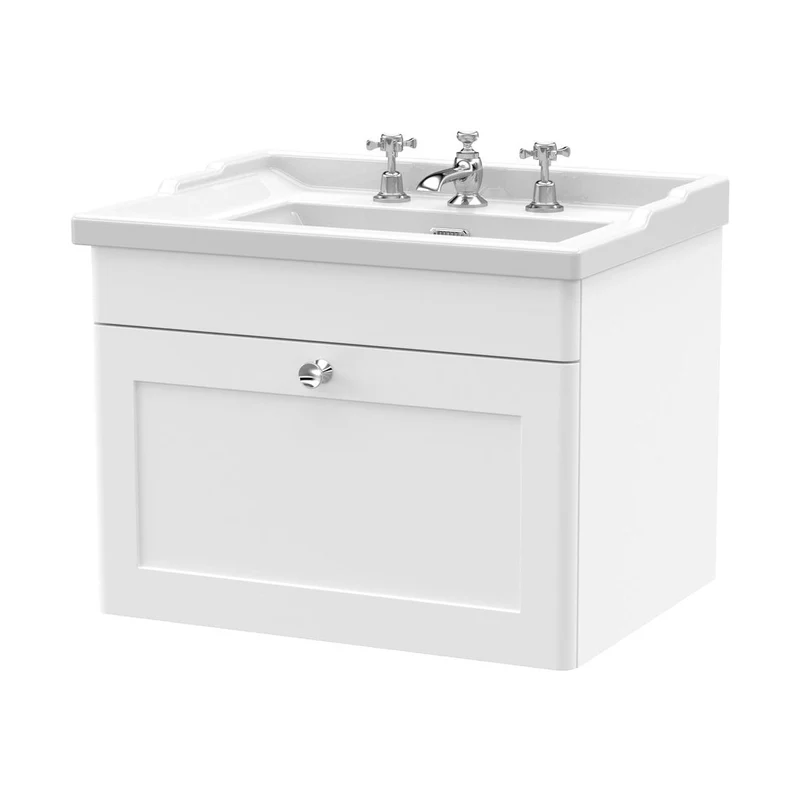 Nuie Classique 600mm Wall Hung 1 Drawer Vanity & Basin 3th Traditional Satin White MFC Painted Matt 489x620x470mm