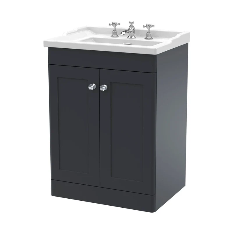 Nuie Classique 600mm Floor Standing 2 Door Vanity & Basin 3th Traditional Soft Black MFC Painted Matt 858x620x470mm