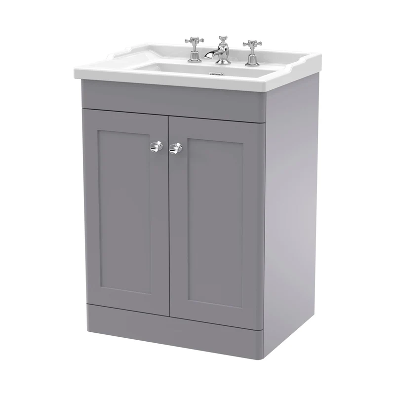 Nuie Classique 600mm Floor Standing 2 Door Vanity & Basin 3th Traditional Satin Grey MFC Painted Matt 858x620x470mm