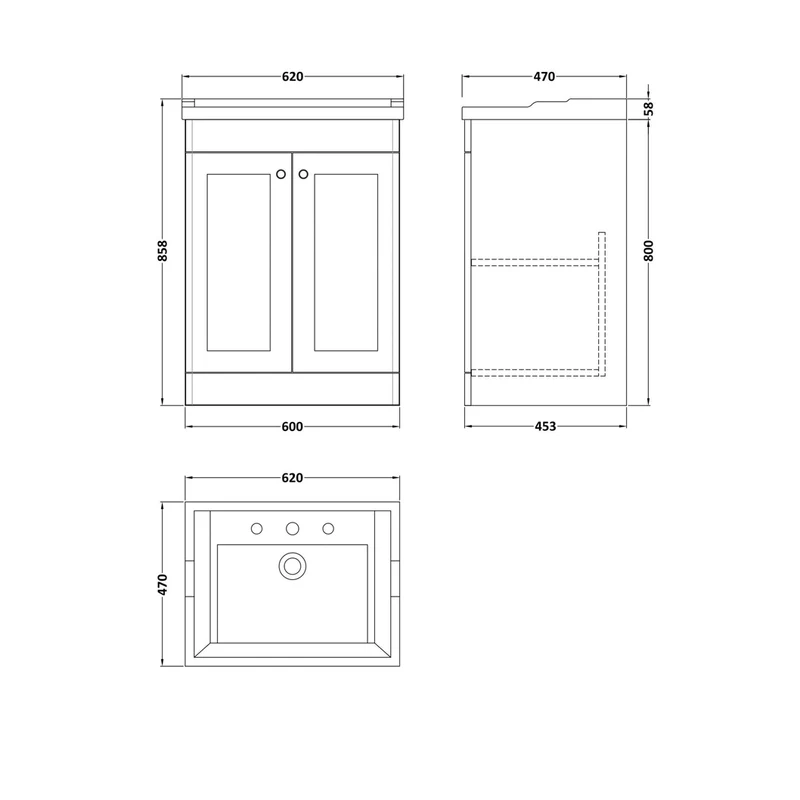 Nuie Classique 600mm Floor Standing 2 Door Vanity & Basin 3th Traditional Satin Grey MFC Painted Matt 858x620x470mm