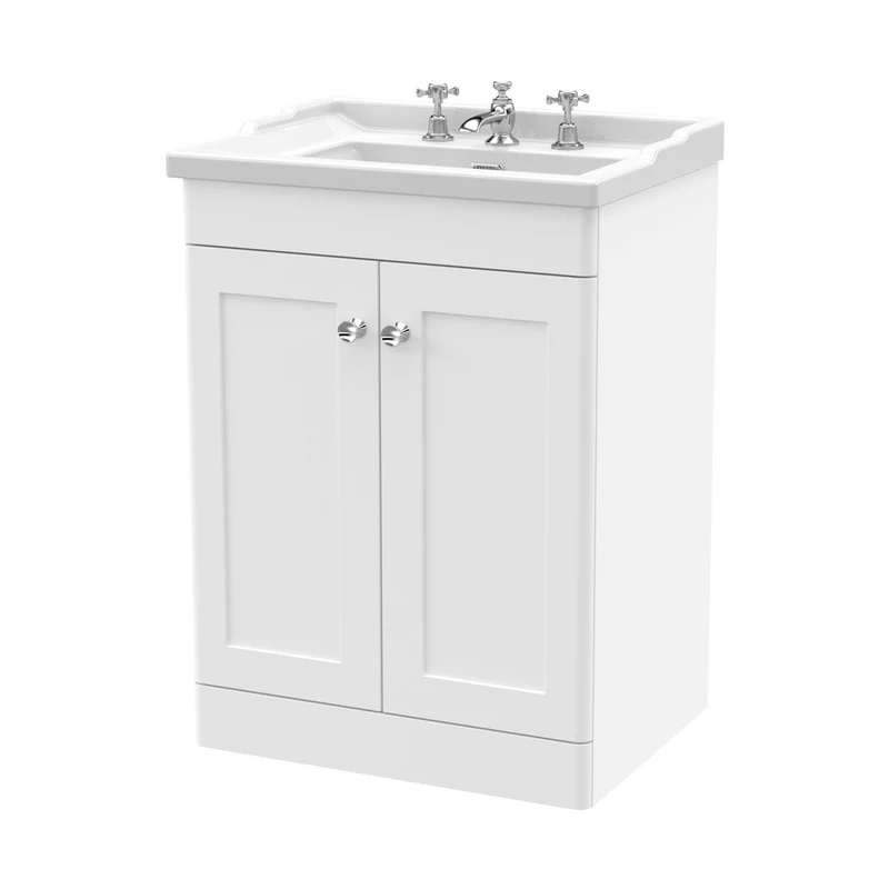 Nuie Classique 600mm Floor Standing 2 Door Vanity & Basin 3th Traditional Satin White MFC Painted Matt 858x620x470mm