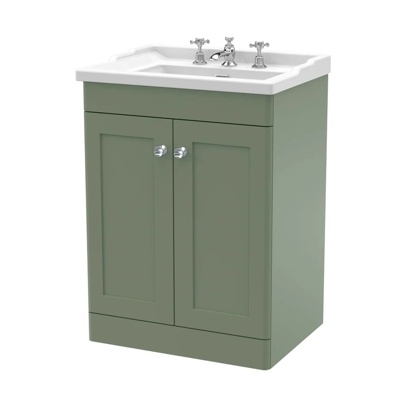 Nuie Classique 600mm Floor Standing 2 Door Vanity & Basin 3th Traditional Satin Green MFC Painted Matt 858x620x470mm