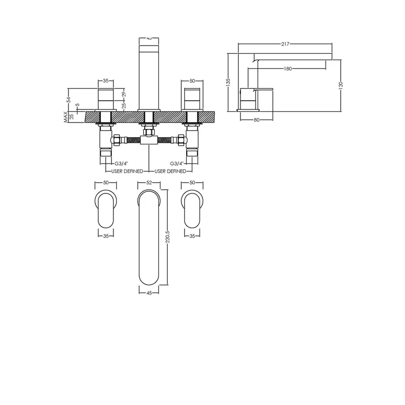 Nuie Binsey Deck Mounted 3 Tap Hole Bath Filler Contemporary Chrome Brass 135x245x217mm