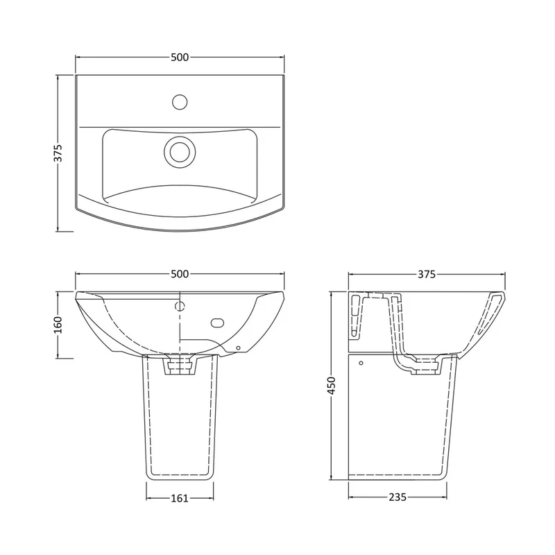Nuie Asselby 500mm Basin & Semi Pedestal Contemporary White Vitreous China 450x500x375mm