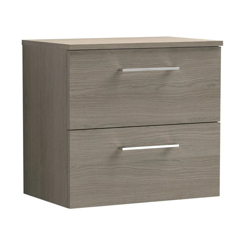 Nuie Arno 600mm Wall Hung 2 Drawer Vanity & Worktop Contemporary Solace Oak MFC Textured Woodgrain 539x605x383mm