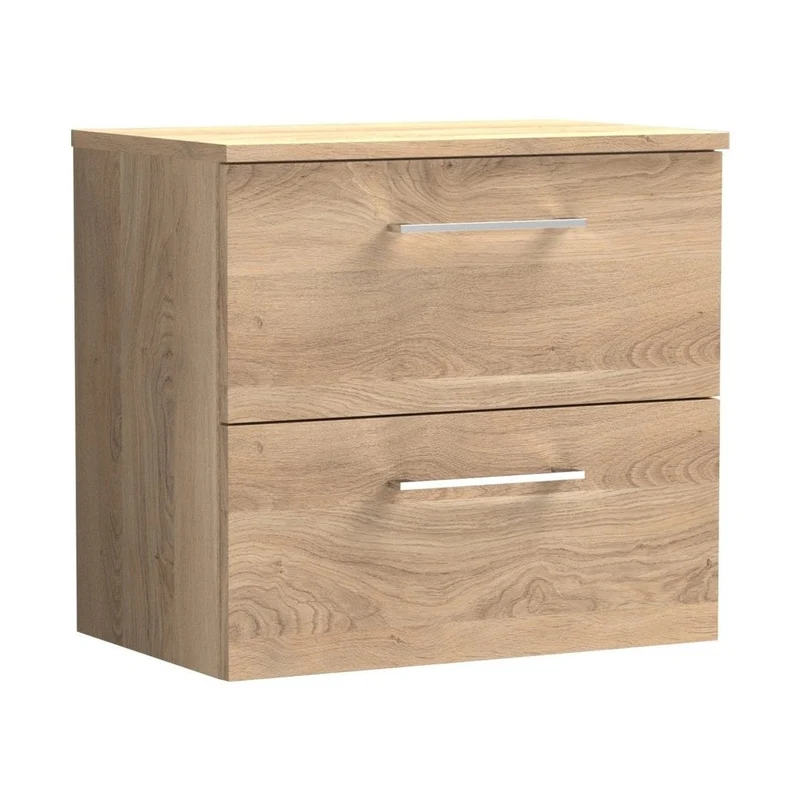 Nuie Arno 600mm Wall Hung 2-drawer Vanity & Worktop Contemporary Bleached Oak MFC Textured Woodgrain 558x605x390mm