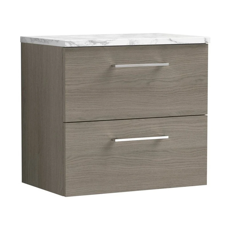 Nuie Arno 600mm Wall Hung 2-drawer Vanity & Laminate Worktop Contemporary Solace Oak MFC Textured Woodgrain 561x605x390mm
