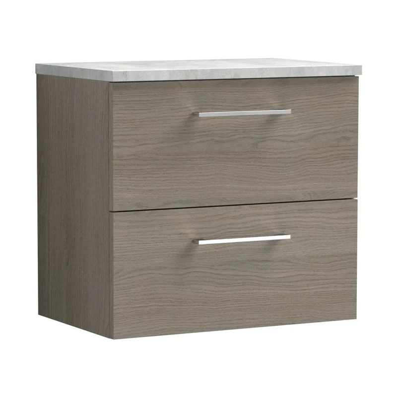 Nuie Arno 600mm Wall Hung 2 Drawer Vanity & Laminate Top Contemporary Solace Oak MFC Textured Woodgrain 561x605x390mm