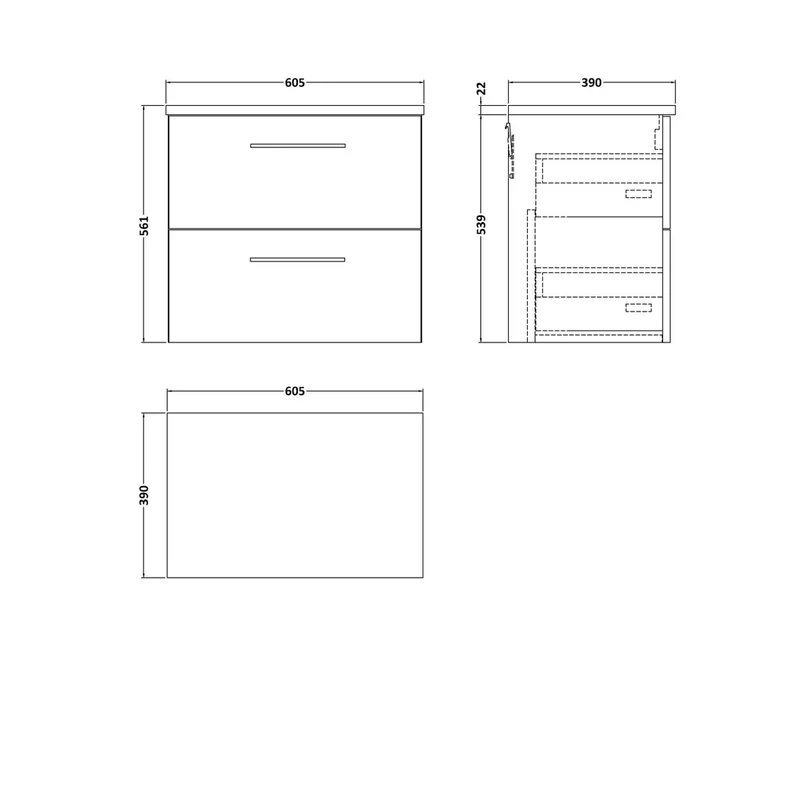 Nuie Arno 600mm Wall Hung 2 Drawer Vanity & Laminate Top Contemporary Solace Oak MFC Textured Woodgrain 561x605x390mm