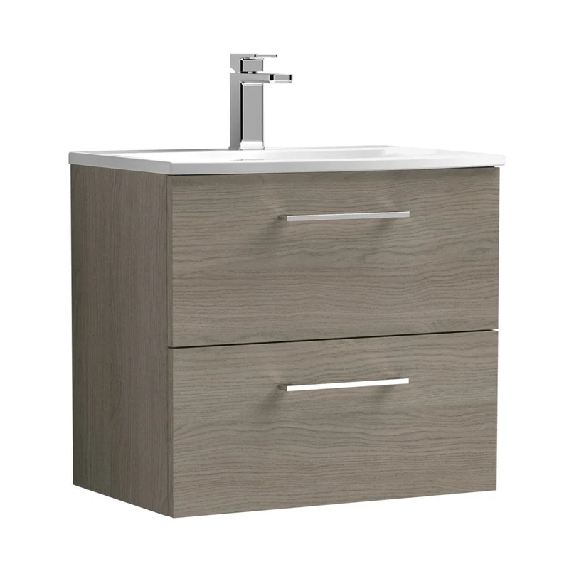 Nuie Arno 600mm Wall Hung 2 Drawer Vanity & Basin 4 Contemporary Solace Oak MFC Textured Woodgrain 569x610x440mm