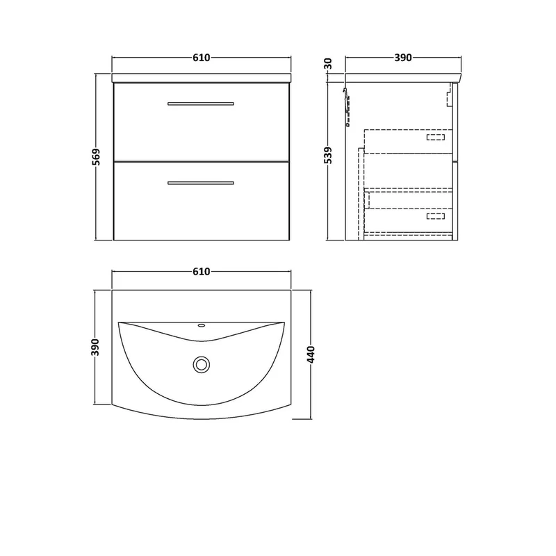 Nuie Arno 600mm Wall Hung 2 Drawer Vanity & Basin 4 Contemporary Solace Oak MFC Textured Woodgrain 569x610x440mm