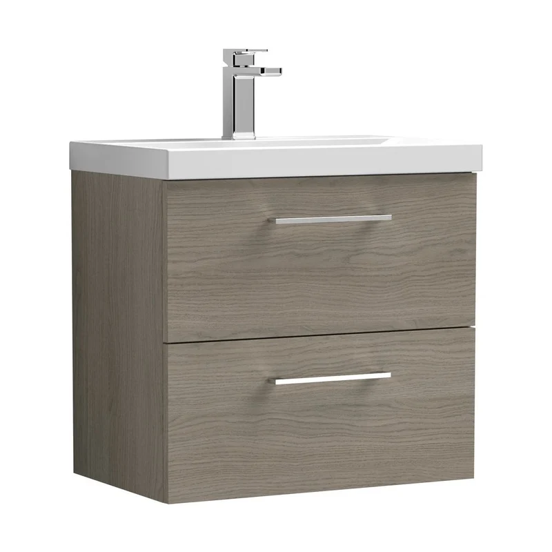 Nuie Arno 600mm Wall Hung 2 Drawer Vanity & Basin 3 Contemporary Solace Oak MFC Textured Woodgrain 589x610x395mm