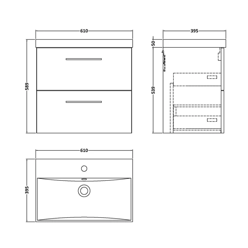 Nuie Arno 600mm Wall Hung 2 Drawer Vanity & Basin 3 Contemporary Solace Oak MFC Textured Woodgrain 589x610x395mm