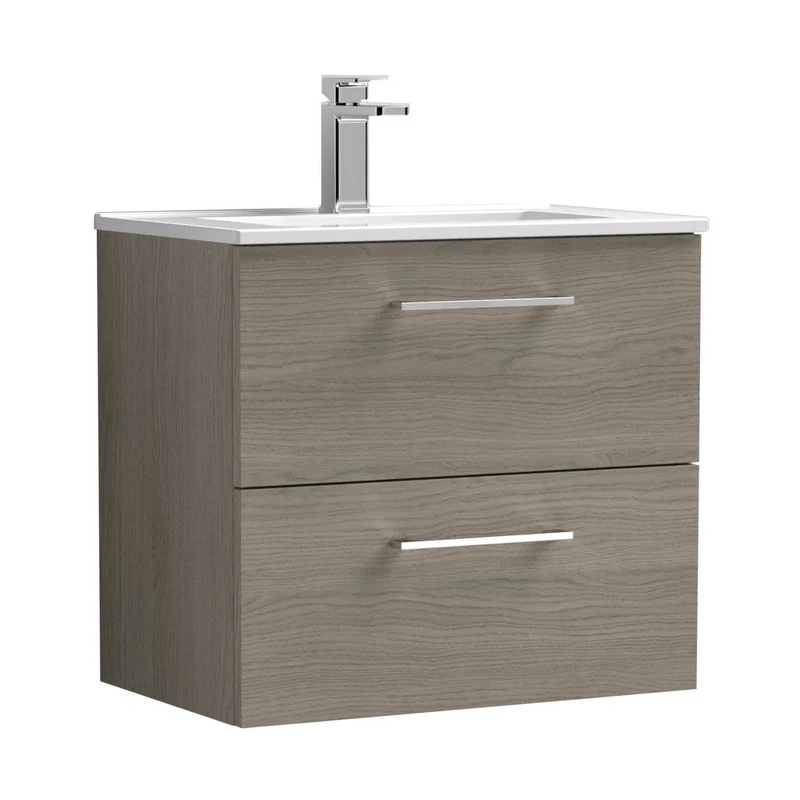 Nuie Arno 600mm Wall Hung 2 Drawer Vanity & Basin 2 Contemporary Solace Oak MFC Textured Woodgrain 557x600x390mm