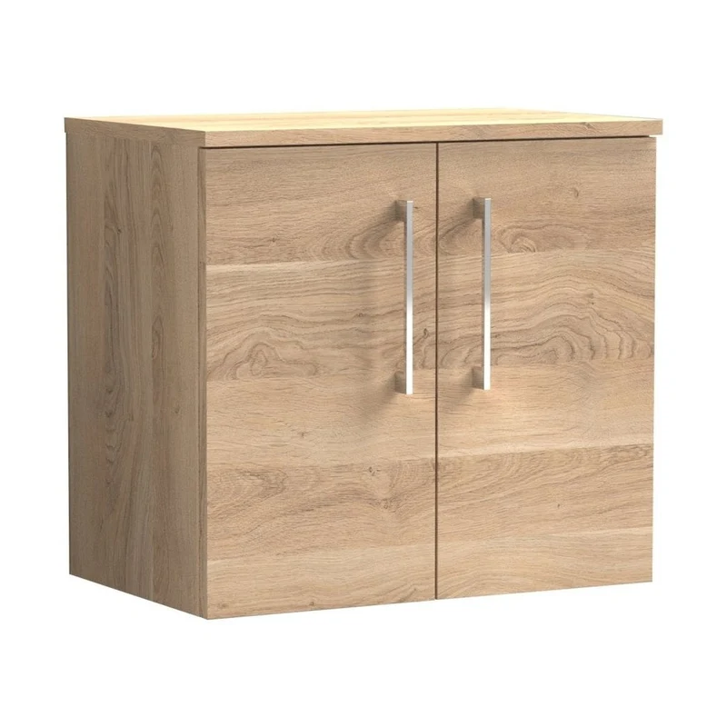 Nuie Arno 600mm Wall Hung 2-door Vanity & Worktop Contemporary Bleached Oak MFC Textured Woodgrain 558x605x390mm